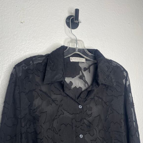 Jon & Anna Contemporary Womens Top Size M Black Floral Semi Sheer Button Up - Picture 3 of 11
